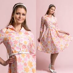 *  Embrace timeless elegance with our Vintage Style Dress, evoking the charm of 50s and 60s Dress Style. * This Vintage Inspired Dress features a Pastel Orange, Pink Floral pattern, perfect for adding a touch of vintage flair to your wardrobe. * Crafted from a cotton-like polyester blend, this A-line Dress offers both comfort and style, ideal for all-day wear. * With a wing collar neckline and 3/4 sleeves, this Vintage Shirt Dress Style exudes sophistication, while the knee-length A-line skirt adds a classic silhouette to your look. Designed in California by Trendy Hip Buys. Handmade to order from overseas Made from 100% Polyester Machine washable Weight: 110 gsm Retro A-line Vintage Dress For Garden Party, Retro A-line Midi Dress For Garden Party, Retro Dresses For Spring Retro-themed Events, Spring Vintage Dress For Retro-themed Events, Vintage Dress For Retro-themed Spring Events, Spring Retro Dresses For Retro-themed Events, 1950s Style Summer Dresses With Retro Print, 1950s Style Dresses For Retro-themed Spring Events, Retro Fitted Dress For Retro-themed Events