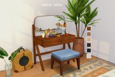 the vanity table is next to a potted plant and a blue stool in front of it