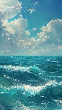 an oil painting of the ocean with clouds in the sky and waves on the water