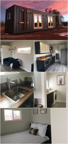 several pictures of the inside of a house made out of shipping containers, including kitchen and living room