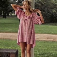 Doen Chateu Nightgown In Pink Florals Feminine V-neck Summer Sleepwear, Summer Sleepover Dress With Short Sleeves, Summer Short Sleeve Dress For Sleepover, Feminine V-neck Nightgown For Spring, Feminine Ruffled Nightgown For Summer, Chic V-neck Nightgown For Loungewear, Ruffled Sleepwear For Vacation, Summer V-neck Ruffled Sleepwear, Summer Ruffle Dress For Sleepover