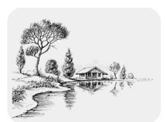 an ink drawing of a house by the water