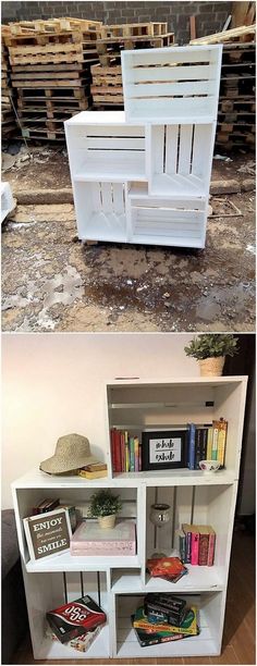 two shelves with books and hats on them in front of stacks of wooden pallets