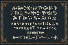 an old fashioned font and numbers with ornate border around the edges, in gold on black