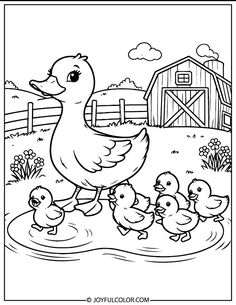 a duck and her babies are swimming in the pond coloring pages for kids to color