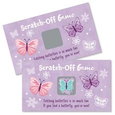 two purple tickets with butterflies on them and the words scratch off game written in white