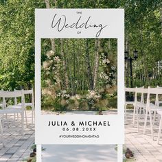 an outdoor wedding ceremony with white chairs