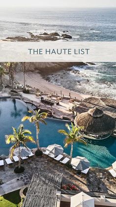 an aerial view of the beach and pool area at the hautelist resort in hawaii