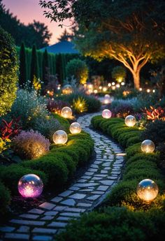 a garden with lots of plants and lights on the path leading to some trees in the distance