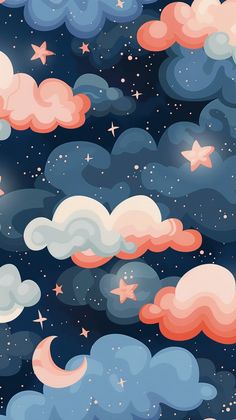 the night sky with stars and clouds is shown in pink, blue, and white