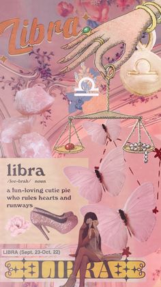 a woman sitting on top of a pink chair next to a sign that says libra