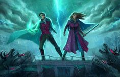 two people are standing on a bridge in the rain with swords and lightning behind them