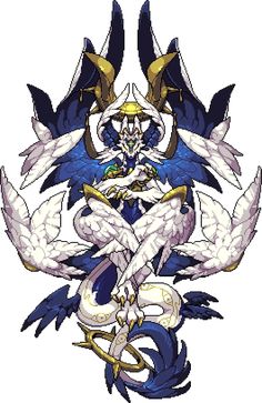 two white and blue birds with gold accents on their wings, surrounded by smaller snakes