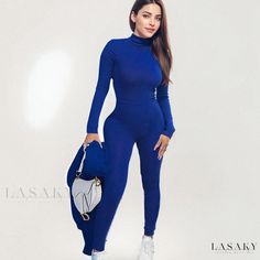 Lasaky - Womens High-neck Long-sleeved Bodysuit and Trousers - Casual Wear Blue Stretch Jumpsuits And Rompers For Winter, Winter Blue Stretch Jumpsuits And Rompers, Blue Long Sleeve Solid Color Sets, Blue Long Sleeve Sets, Blue Long Sleeve Non-stretch Set, Casual Blue Bodysuit For Fall, Fitted Blue Solid Color Sets, Blue Stretch Jumpsuit With Long Sleeves, Blue Long Sleeve Jumpsuits And Rompers For Fall