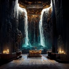 a large room filled with candles next to a waterfall