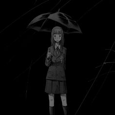 a black and white drawing of a girl holding an umbrella in the rain with her head down