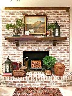 a brick fireplace with potted plants and other items on the mantel above it