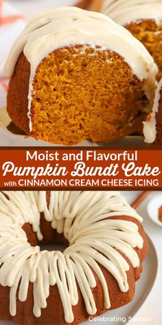 pumpkin bundt cake with cinnamon cream cheese icing on a white plate and in the background