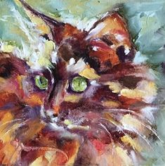 a painting of a cat with green eyes