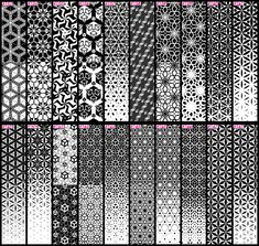 black and white patterns with pink accents on the bottom right hand corner are shown in different sizes