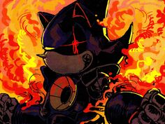 a drawing of a black cat riding on top of a motorcycle with flames in the background