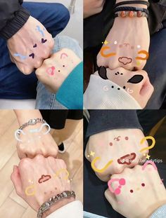 four different pictures of hands with faces painted on them and the same person's hand holding