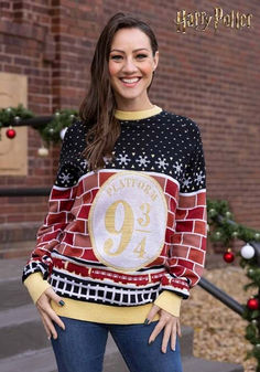 a woman wearing a harry potter christmas sweater