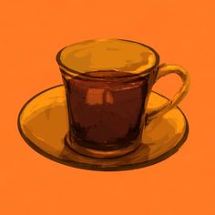 a painting of a cup and saucer on an orange background