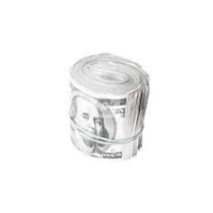 a roll of one hundred dollar bills is wrapped in clear plastic on a white background