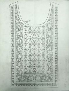 a drawing of a dress with an elaborate design on the front and back, in black ink