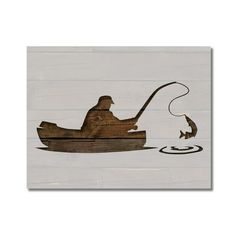 a wooden sign with a man in a boat and a fish on the water next to it