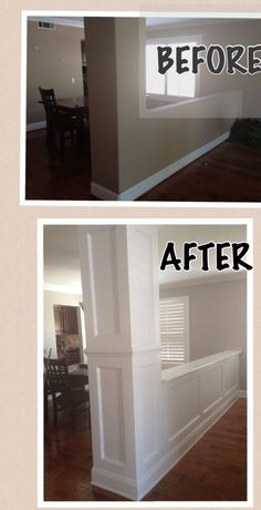 before and after shots of a house with wood flooring, walls painted in white