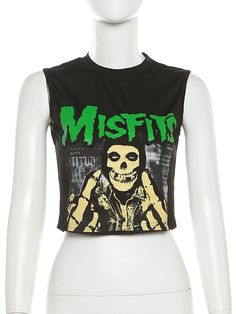 Channel some graphic styles into your new season wardrobe with this Misfits Crop Top, make room in your day to night wardrobe for this staple piece. It includes a black material with a skeleton graphic print and a crop fit, what's not to love? Team with a min skirt, your favorite sneakers and a shoulder bag for a look Fitted Graphic Print Emo Tops, Punk Style Letter Print Crew Neck Crop Top, Skull Print Tops For Spring Streetwear, Stretch Punk Crop Top For Streetwear, Fitted Skull Print Top For Streetwear, Black Crew Neck Crop Top For Concert, Casual Crop Top With Graphic Print For Concerts, Punk Style Letter Print Crop Top For Streetwear, Fitted Emo Top With Skull Print