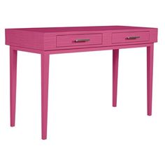 a pink desk with two drawers on top and one drawer at the bottom, against a white background