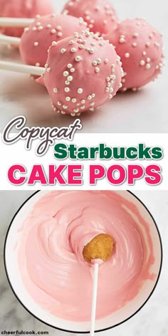 pink cake pops with white sprinkles on top and the words copypaff starbucks