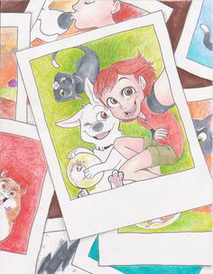 a child's drawing of a girl and her dog surrounded by other children's drawings