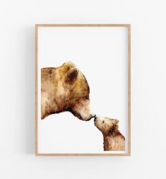 a bear and her cub are kissing each other in this watercolor painting on paper