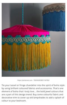 a lamp shade with fringes hanging from it's sides and the words, tie your tassel or fringe chandler into the spirit of boho style