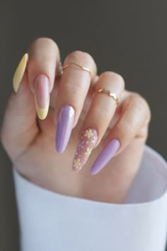 Yellow and Lavender Nails Trend Bright Yellow Nails, Nails For 2023, Purple And Pink Nails, Purple And Silver Nails, Purple Glitter Nails, Yellow Nail Art