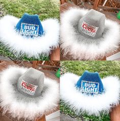 four hats with the words bud light on them and fluffy white fur around it, sitting on top of a wooden table