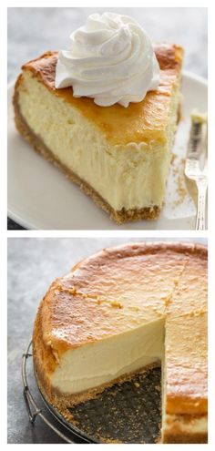 two pictures of a cheesecake with whipped cream on top and the same slice missing