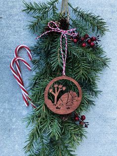 an ornament hanging from a christmas tree next to candy canes and pine cones