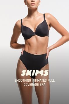 This solution has lightly lined foam pads for seamless support and wide wings that smooth your back and sides. Made from the softest microfiber fabric, this bra features a hidden cushioned underwire that won’t dig or pinch for all-day comfort. Features adjustable straps and a hook and eye back closure. Fits true to your SKIMS bra size. | SKIMS Full Coverage Bra | Black | 32A | Smoothing Intimates Fitted Cotton Sleepwear With Built-in Bra, Medium Support Seamless Bra With Built-in Bra, Supportive Seamless Micro-elastic Bra, Bra Calculator, Luxury Full Coverage Intimates With Built-in Bra, Micro-elastic Full Coverage Smoothing Bra, Full Coverage Bra, Lingerie Fashion, Push Up Bra