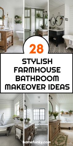 bathroom makeover ideas with white walls and flooring, including tubs, sink, toilet