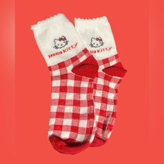 Sanrio Hello Kitty Socks Size: 8.5 Color: Red & White New Trendy Red Cotton Socks, Cute Red Cotton Socks, Playful Red Cotton Socks, Cute Red Socks, Hello Kitty Socks, Angel Collectibles, Hello Kitty Keychain, Hello Kitty House, Christmas Slippers