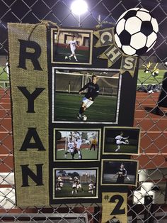 a photo collage on a fence with soccer pictures and the words ryan above it