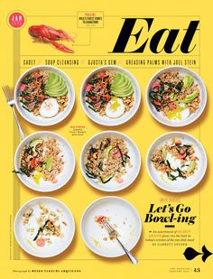 the cover of eat magazine features an array of plates with food on them, including rice and vegetables