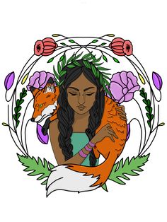 a woman with long hair holding an orange fox in her arms and flowers around her neck