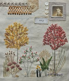 a close up of a piece of cloth with flowers and plants embroidered on it,