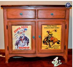 an old fashioned wooden cabinet with posters on the front and side panels that say santa rosa